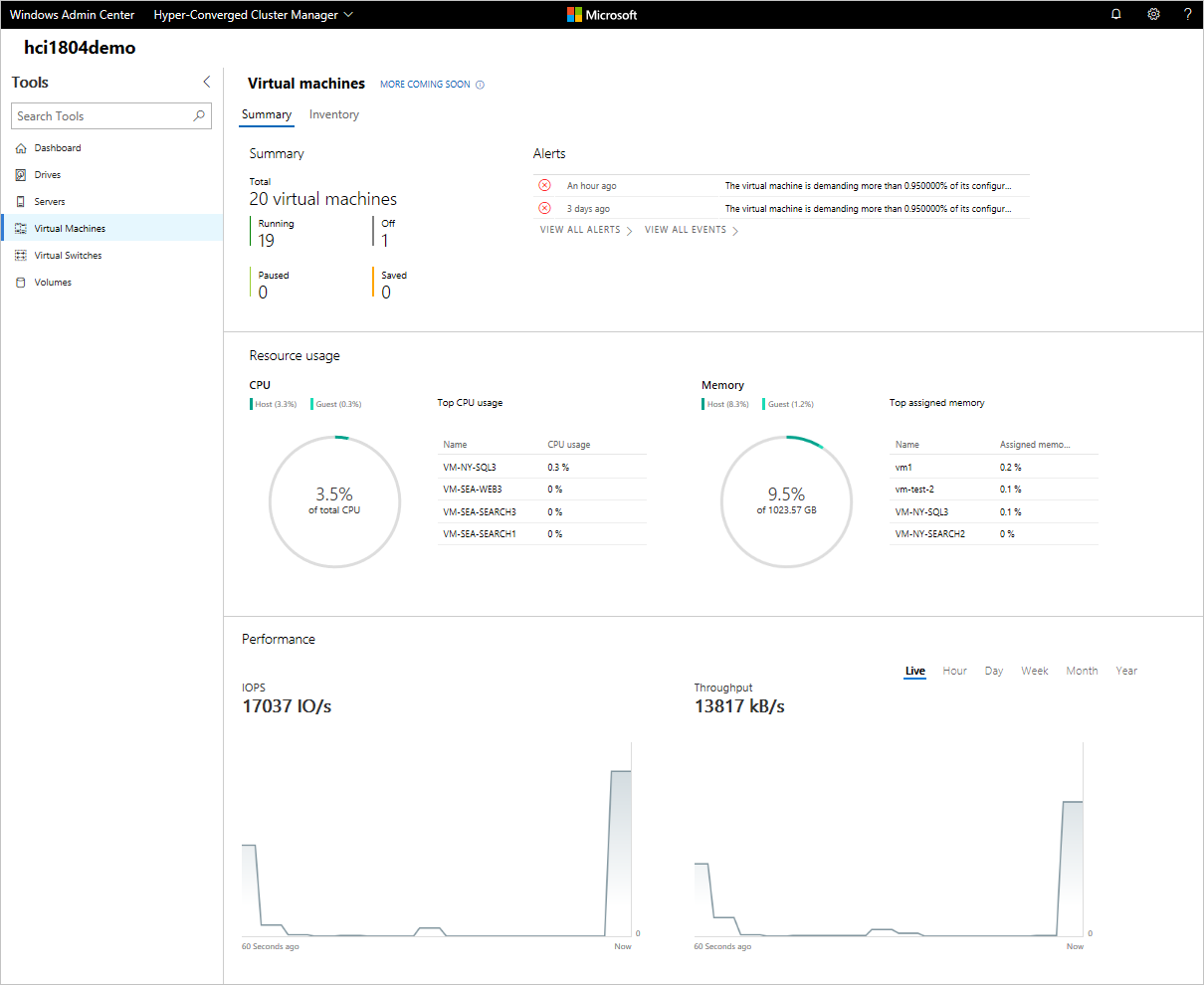 Рисунок 2. Виртуальные машины Hyper-V в Windows Admin Center.